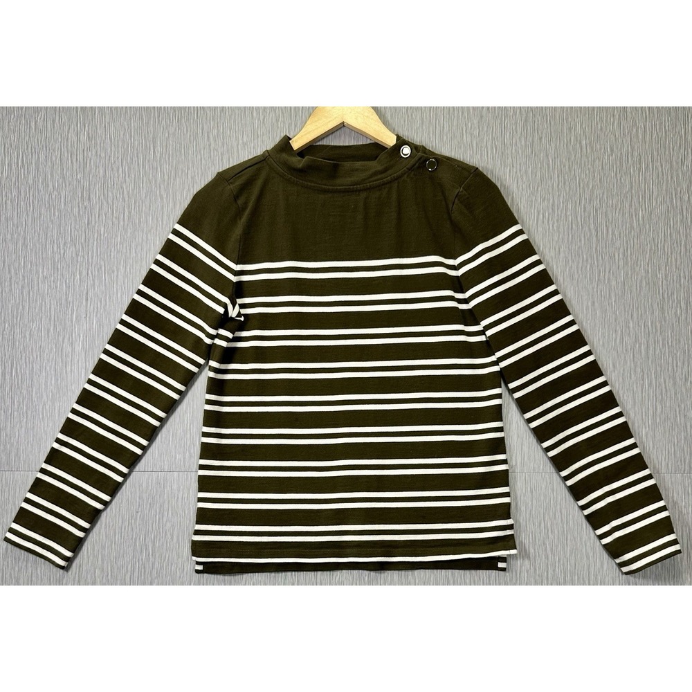 Talbots Tunic Top Blouse Women Khaki Green White Striped Long Sleeve XS